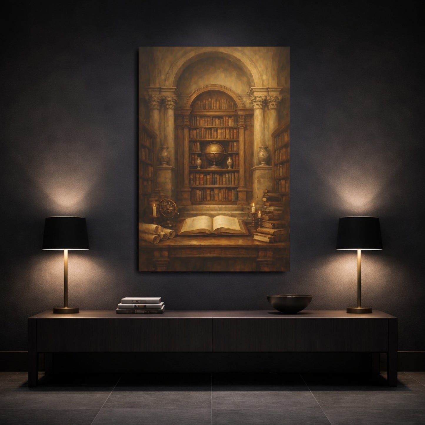 Mockup 2. Vintage Vintage Library Dark Academia shown as stretched canvas wall art