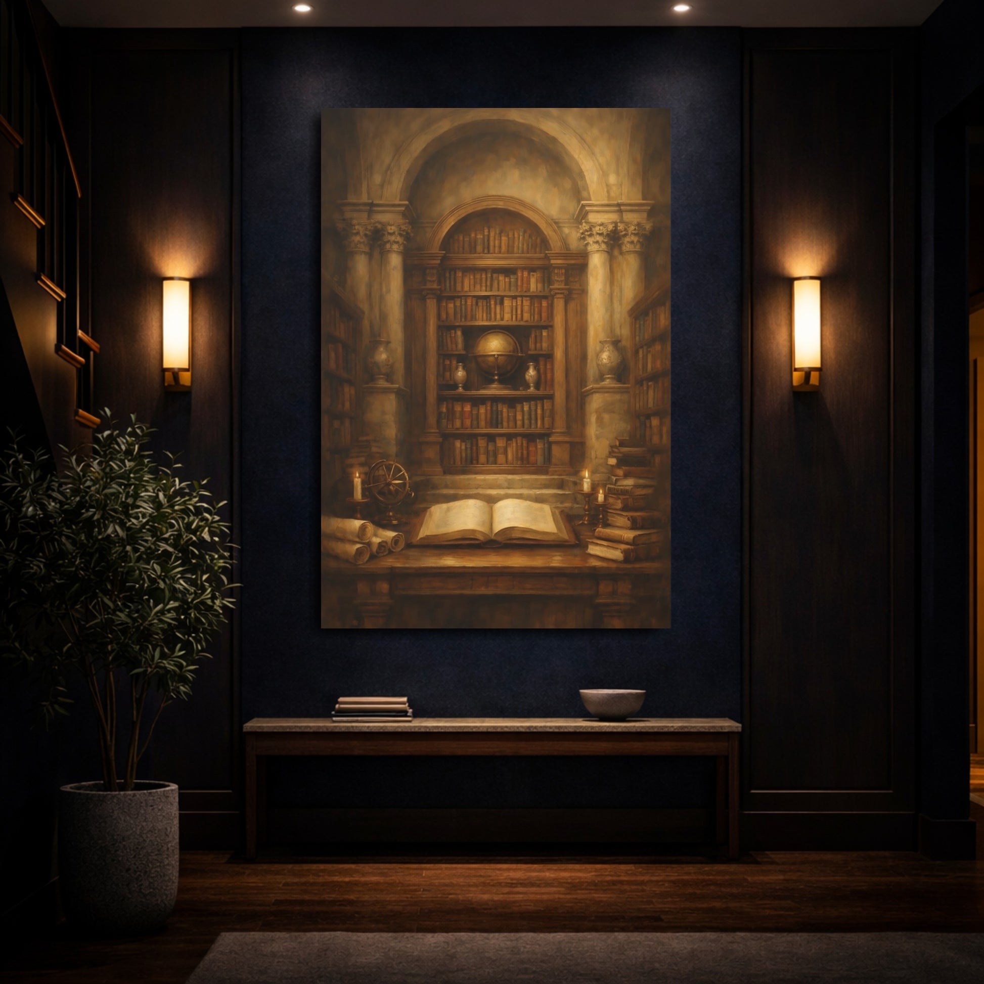 Mockup 3. Vintage Vintage Library Dark Academia shown as stretched canvas wall art