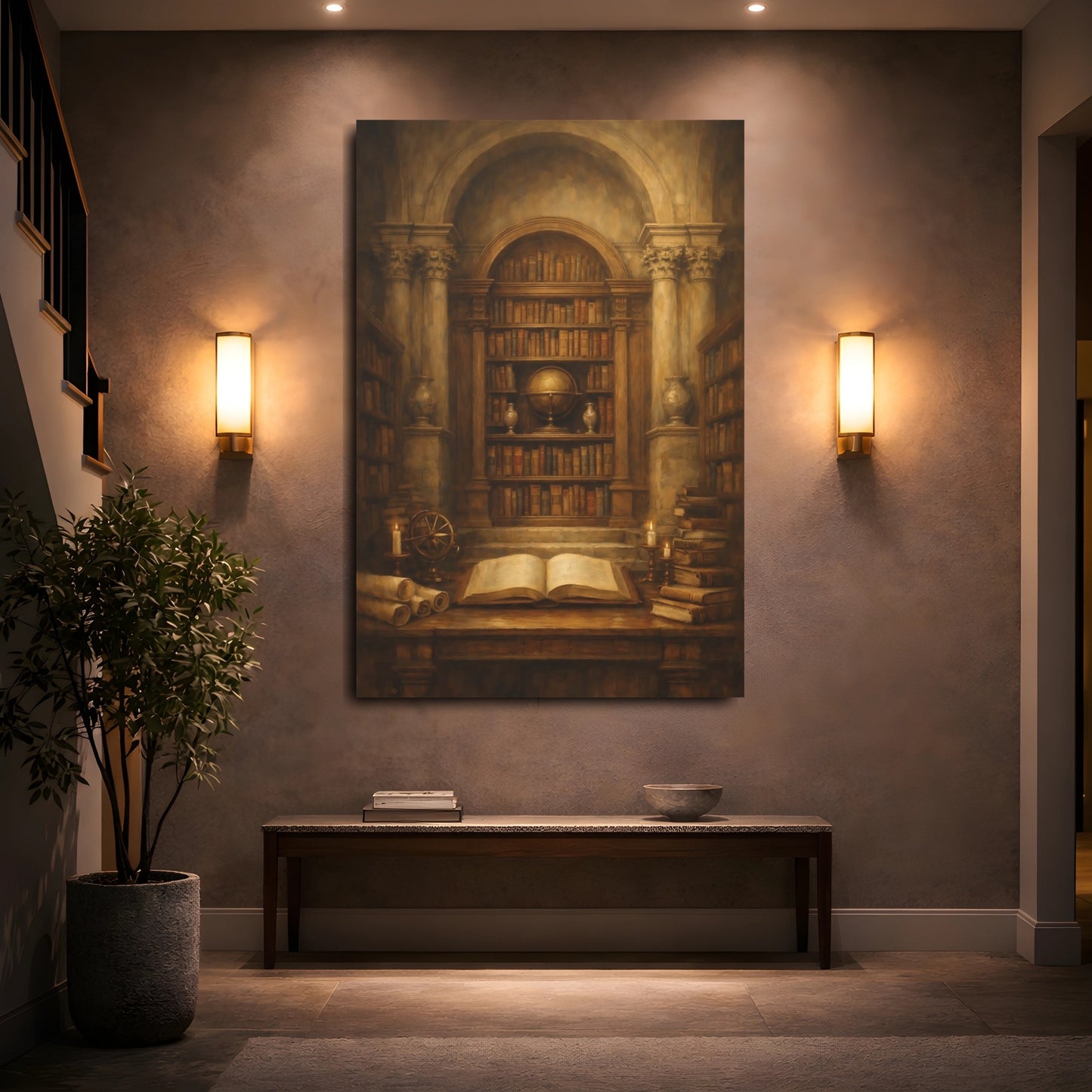 Mockup 4. Vintage Vintage Library Dark Academia shown as stretched canvas wall art