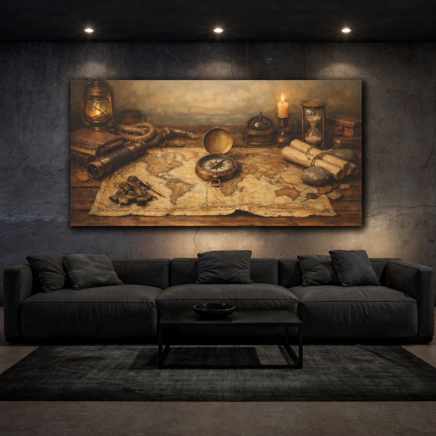 Mockup 2. Vintage Vintage Map Brown And Gold shown as stretched canvas wall art