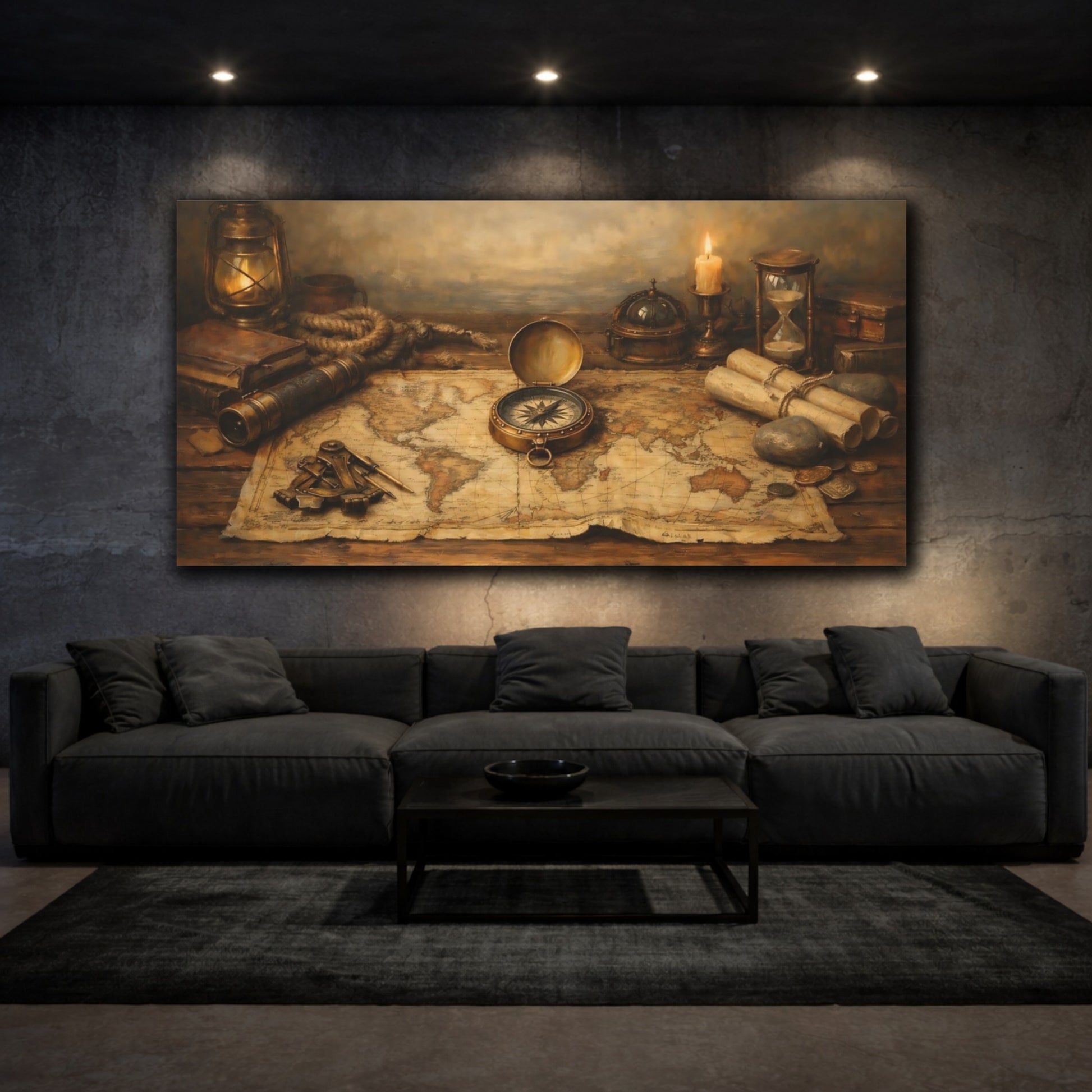 Mockup 2. Vintage Vintage Map Brown And Gold shown as stretched canvas wall art