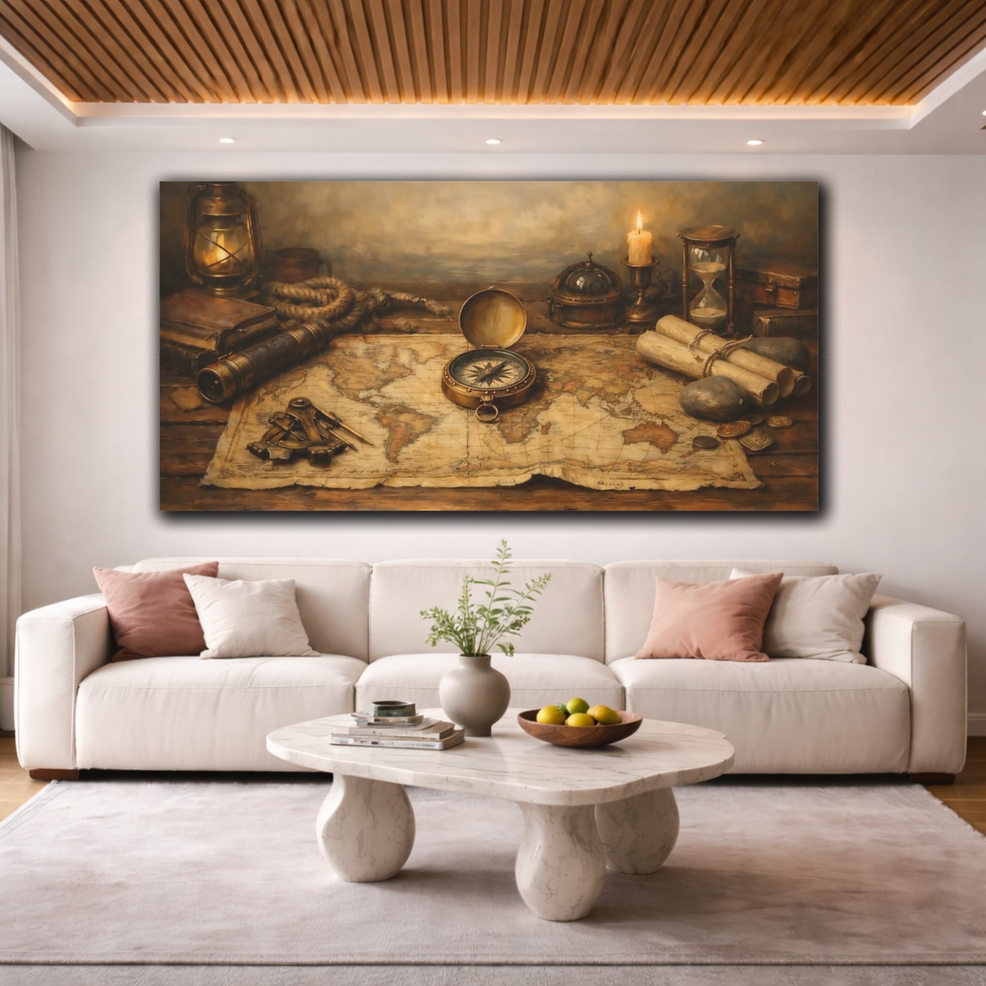Mockup 3. Vintage Vintage Map Brown And Gold shown as stretched canvas wall art