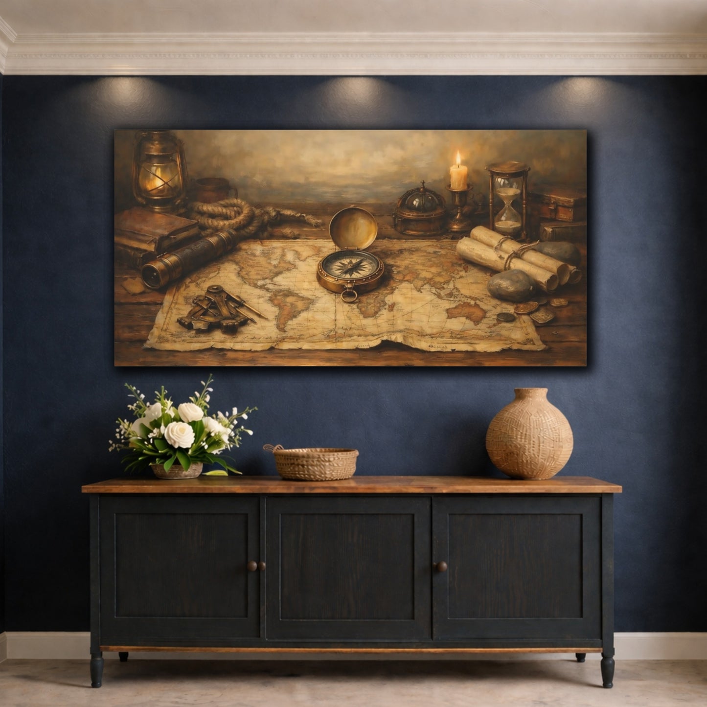 Mockup 4. Vintage Vintage Map Brown And Gold shown as stretched canvas wall art