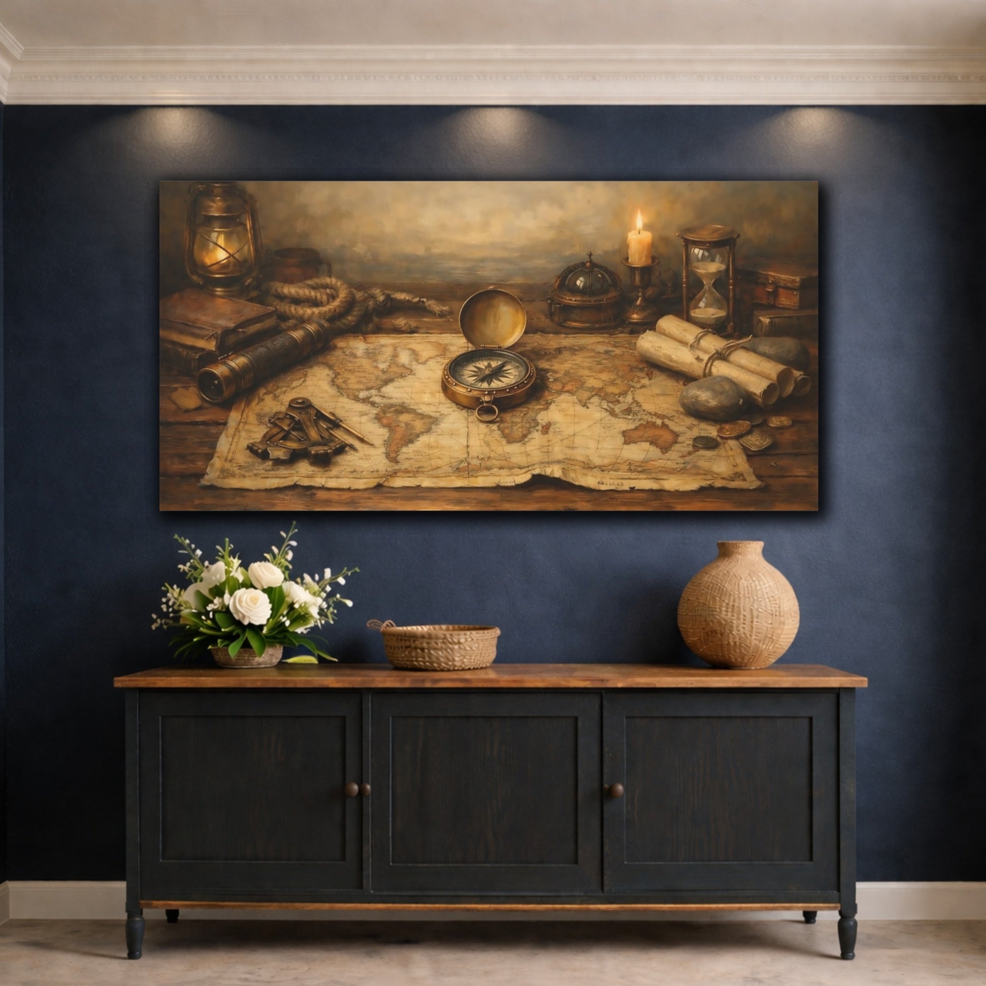 Mockup 4. Vintage Vintage Map Brown And Gold shown as stretched canvas wall art