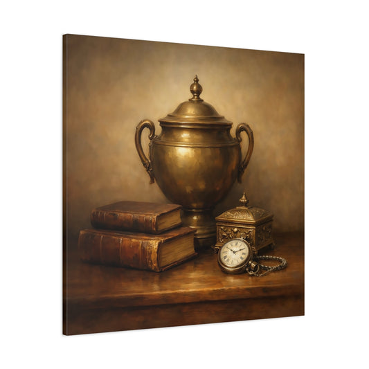 Main Mockup. Vintage Vintage Objects Gold And Brown shown as stretched canvas wall art