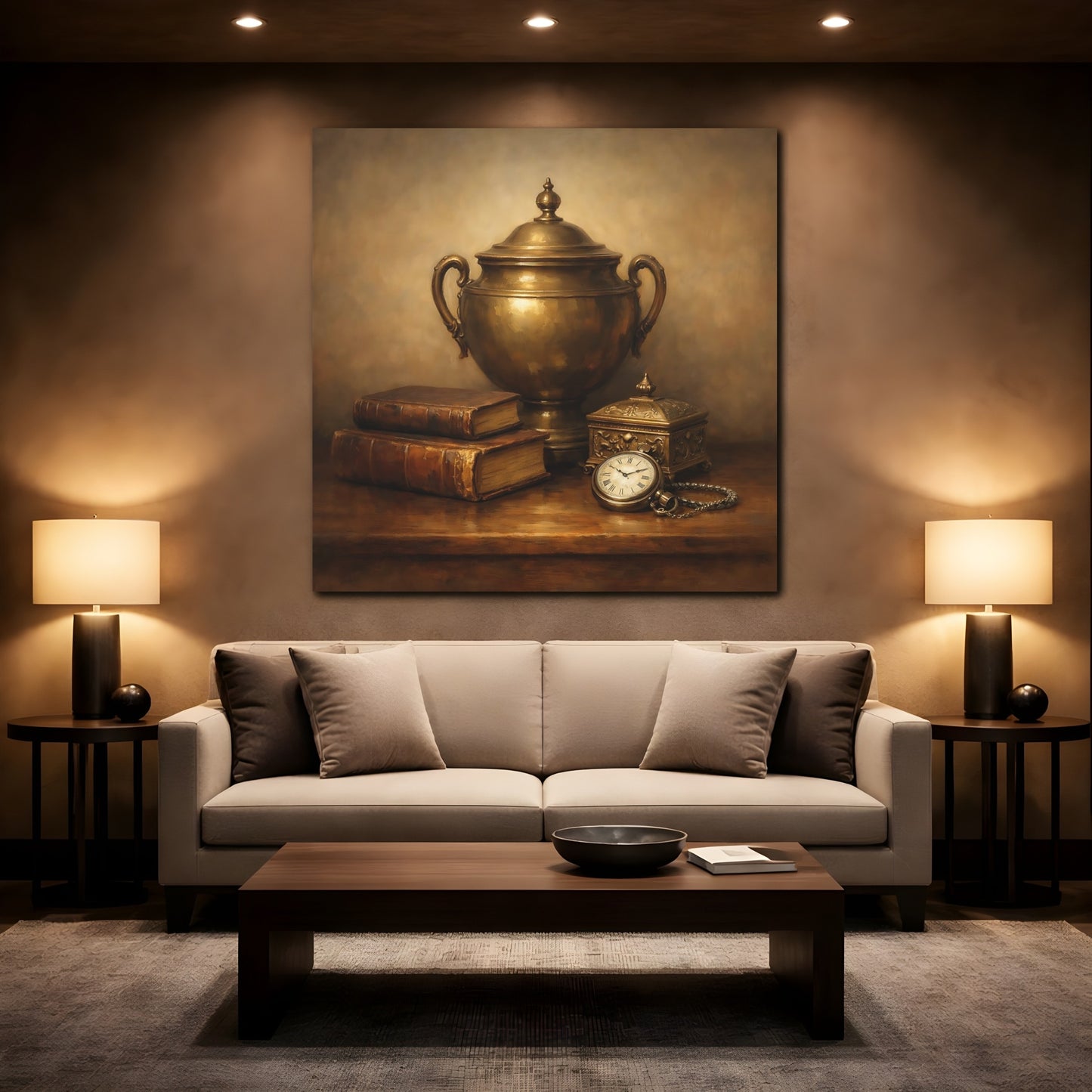 Mockup 2. Vintage Vintage Objects Gold And Brown shown as stretched canvas wall art
