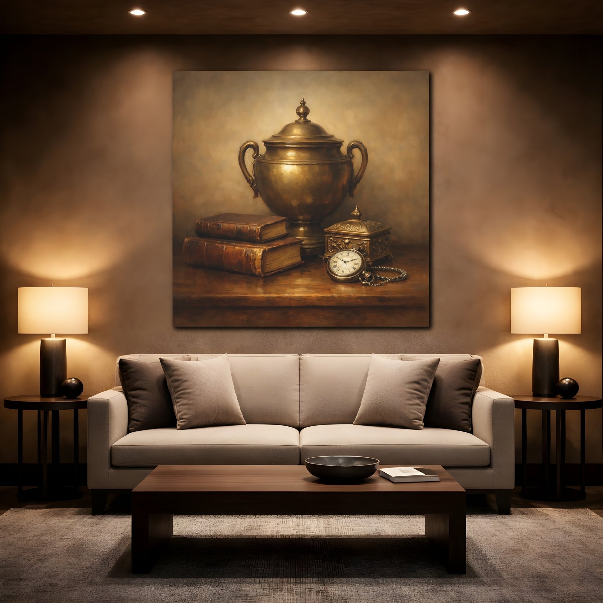 Mockup 2. Vintage Vintage Objects Gold And Brown shown as stretched canvas wall art