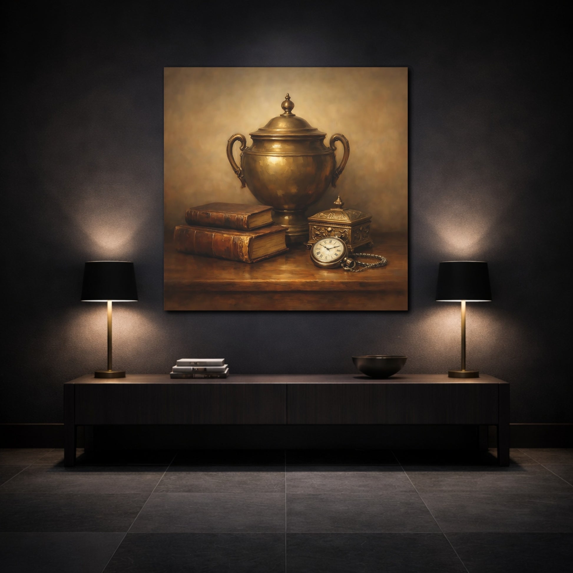 Mockup 3. Vintage Vintage Objects Gold And Brown shown as stretched canvas wall art
