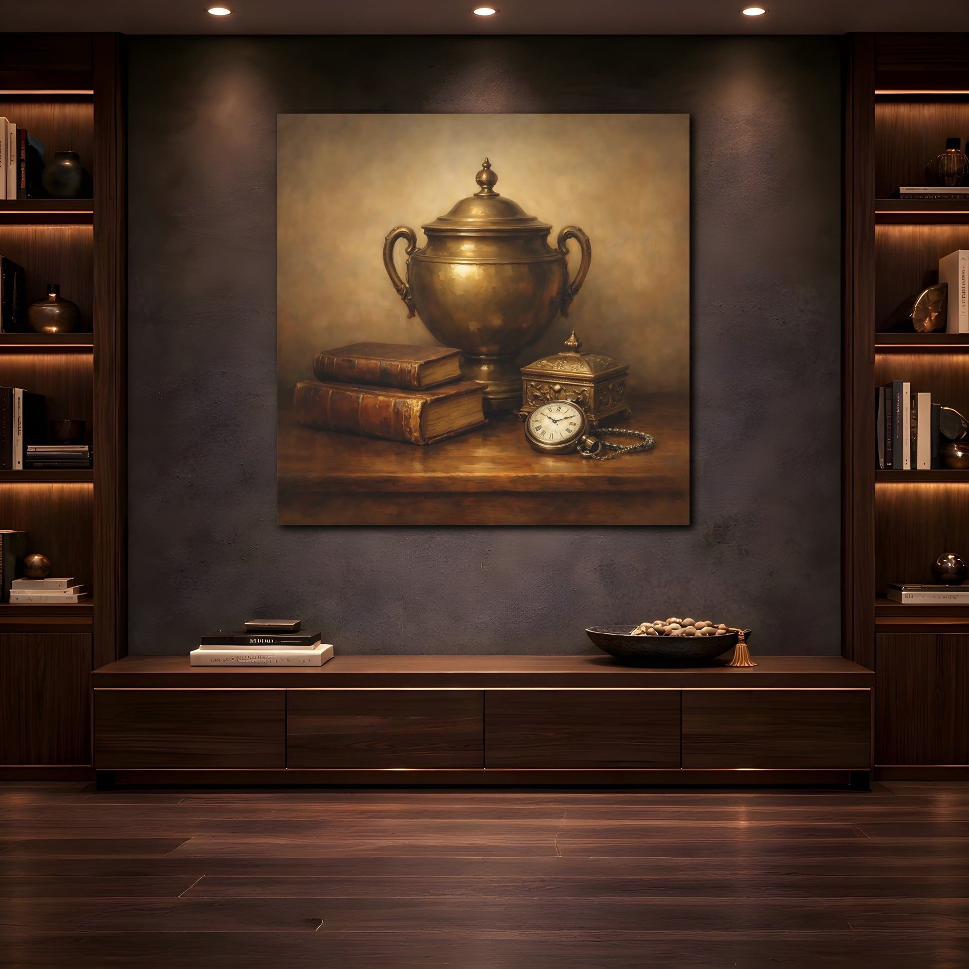 Mockup 4. Vintage Vintage Objects Gold And Brown shown as stretched canvas wall art