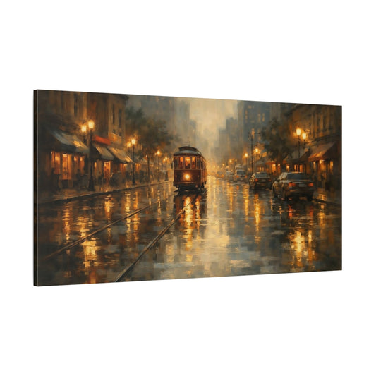 Main Mockup. Vintage Vintage Tram Golden City Scene shown as stretched canvas wall art
