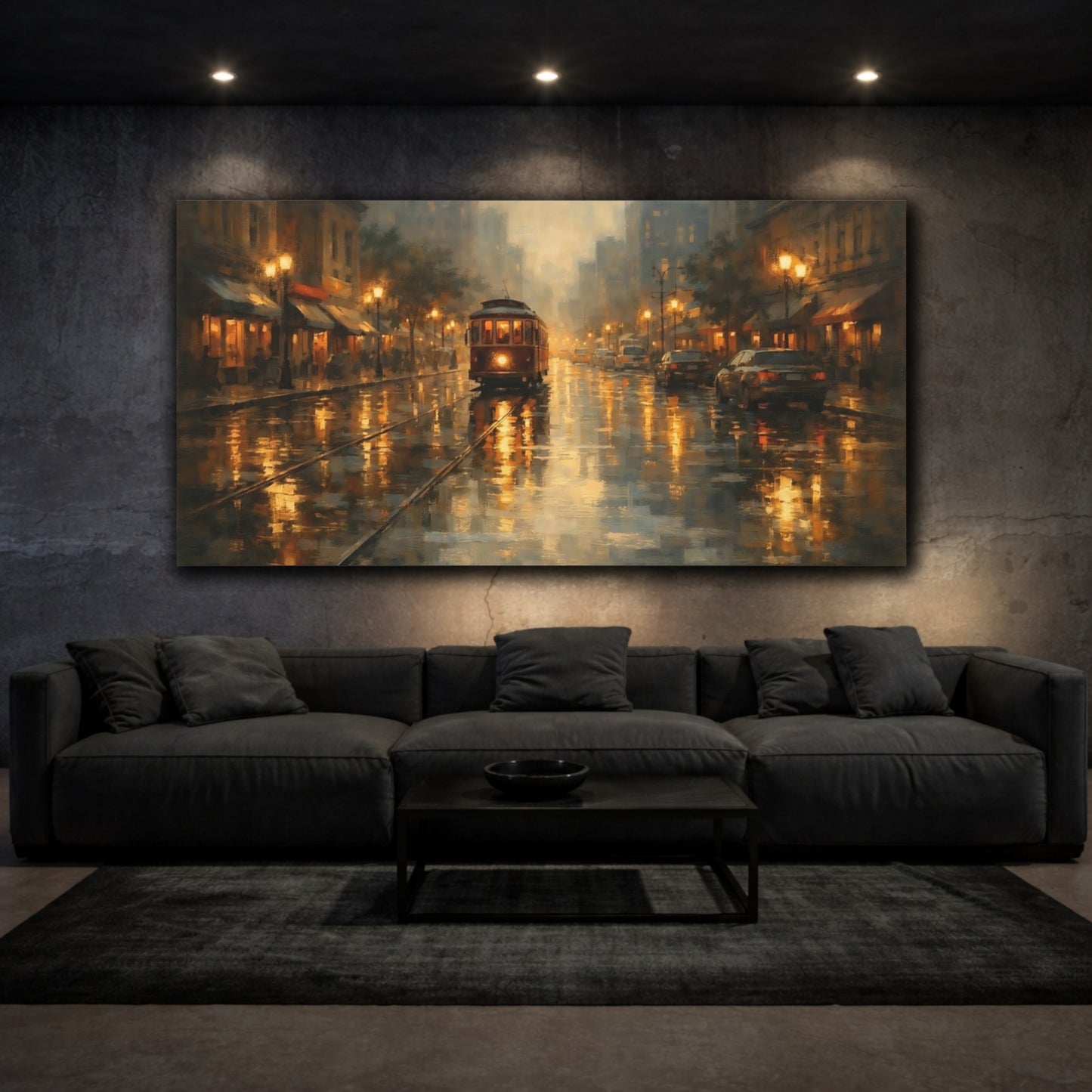 Mockup 2. Vintage Vintage Tram Golden City Scene shown as stretched canvas wall art