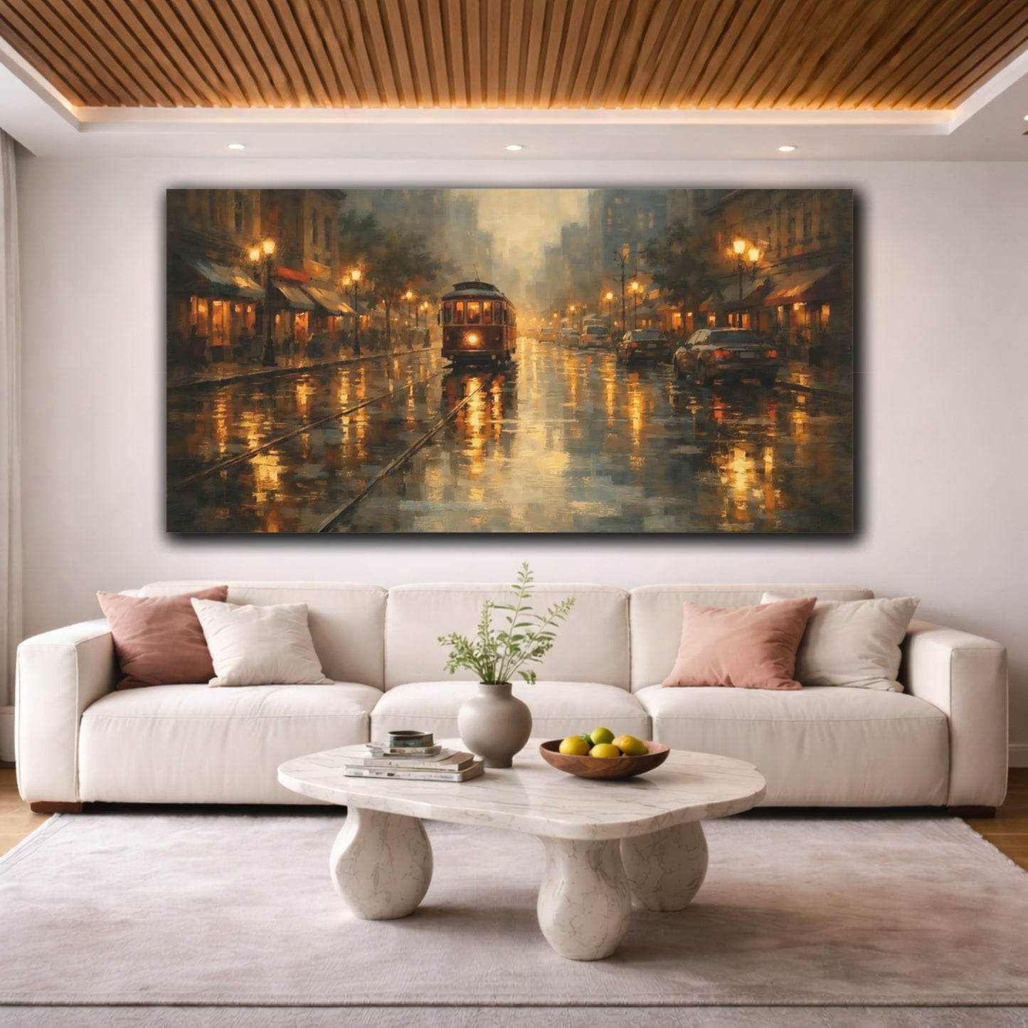 Mockup 3. Vintage Vintage Tram Golden City Scene shown as stretched canvas wall art