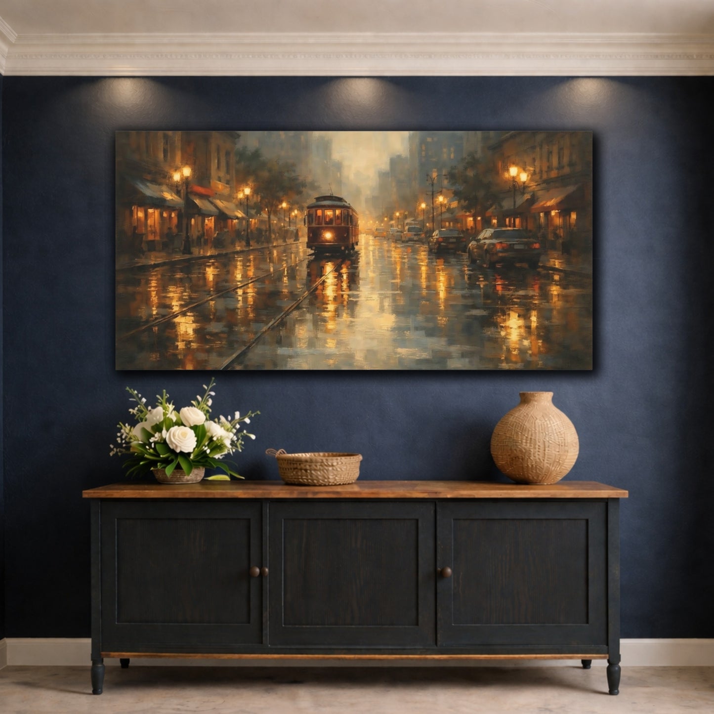 Mockup 4. Vintage Vintage Tram Golden City Scene shown as stretched canvas wall art