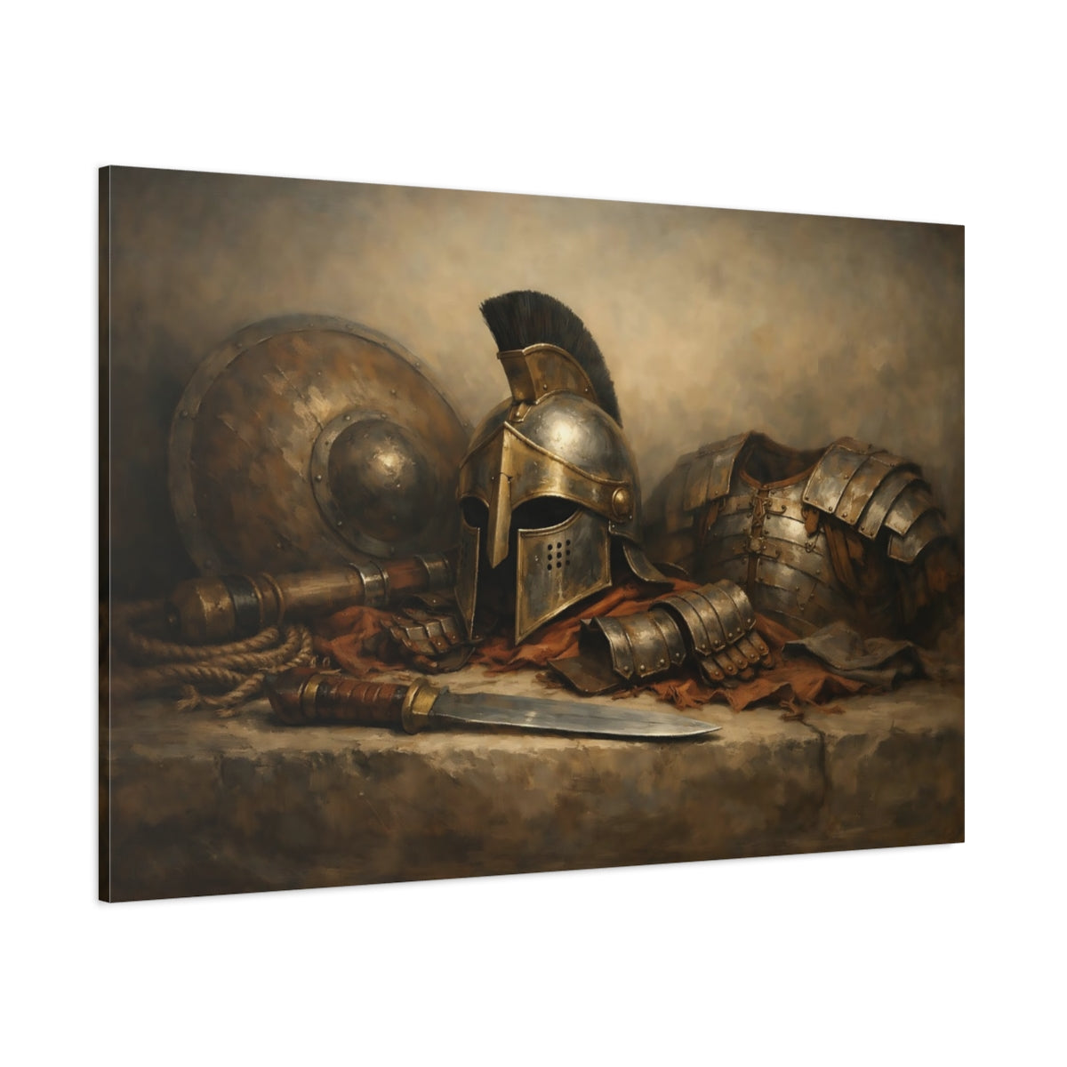 Main Mockup. Vintage Warrior Armor Ancient Bronze Gold shown as stretched canvas wall art