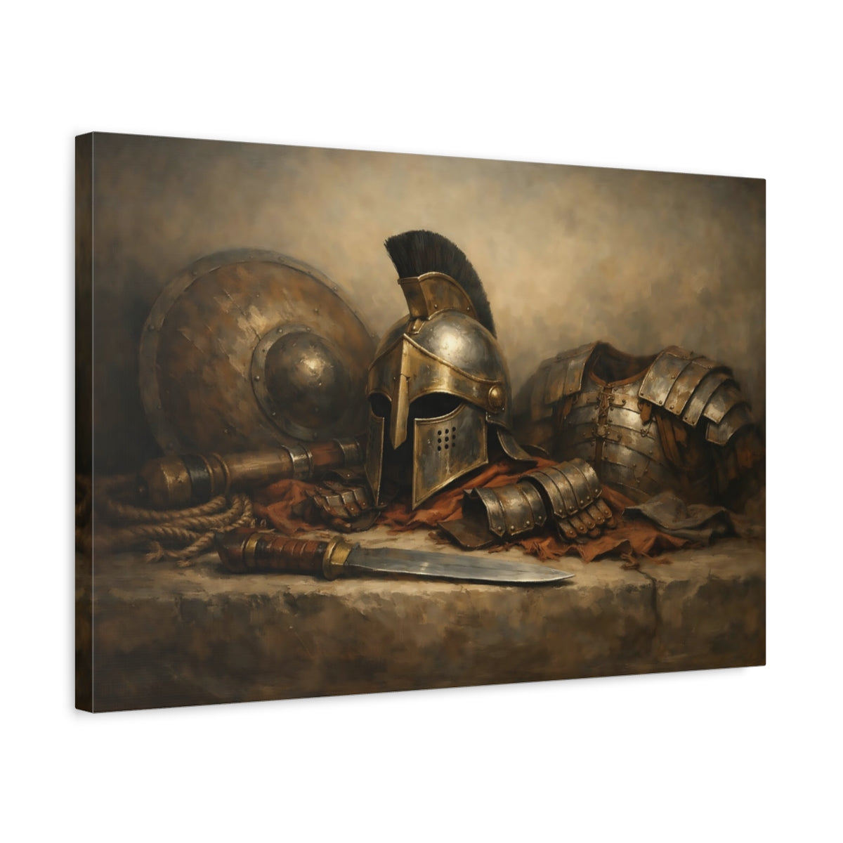 Side Mockup 3. Vintage Warrior Armor Ancient Bronze Gold shown as stretched canvas wall art