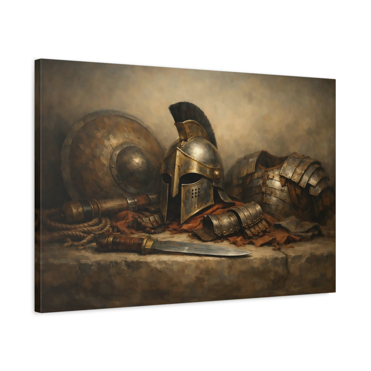Side Mockup 2. Vintage Warrior Armor Ancient Bronze Gold shown as stretched canvas wall art