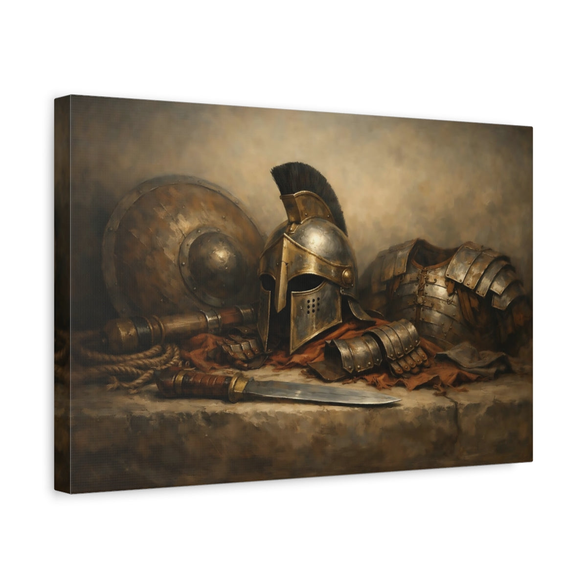 Side Mockup 4. Vintage Warrior Armor Ancient Bronze Gold shown as stretched canvas wall art
