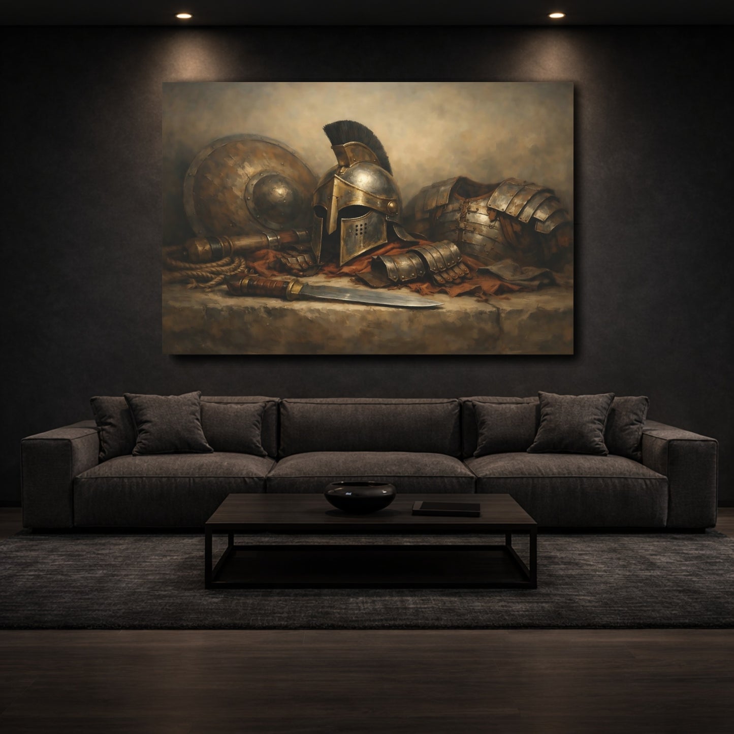 Mockup 2. Vintage Warrior Armor Ancient Bronze Gold shown as stretched canvas wall art