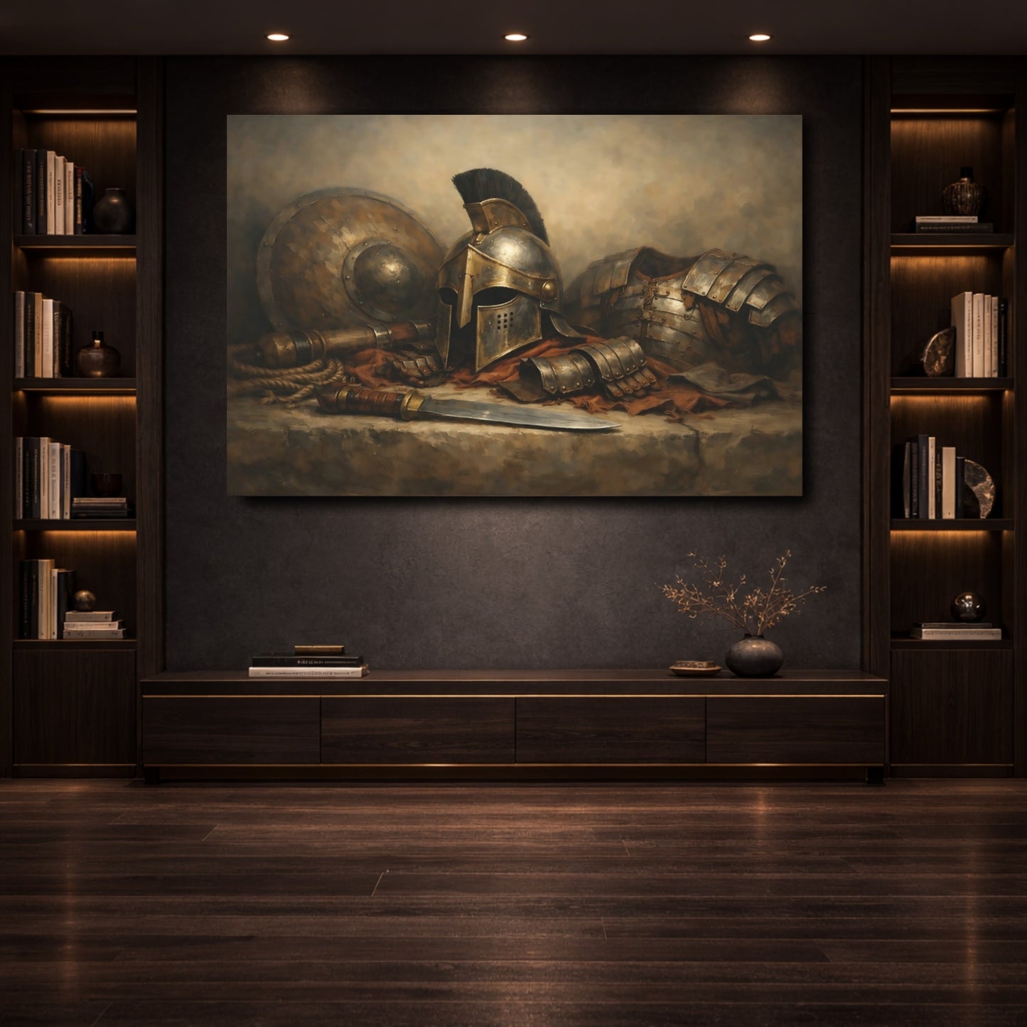 Mockup 3. Vintage Warrior Armor Ancient Bronze Gold shown as stretched canvas wall art