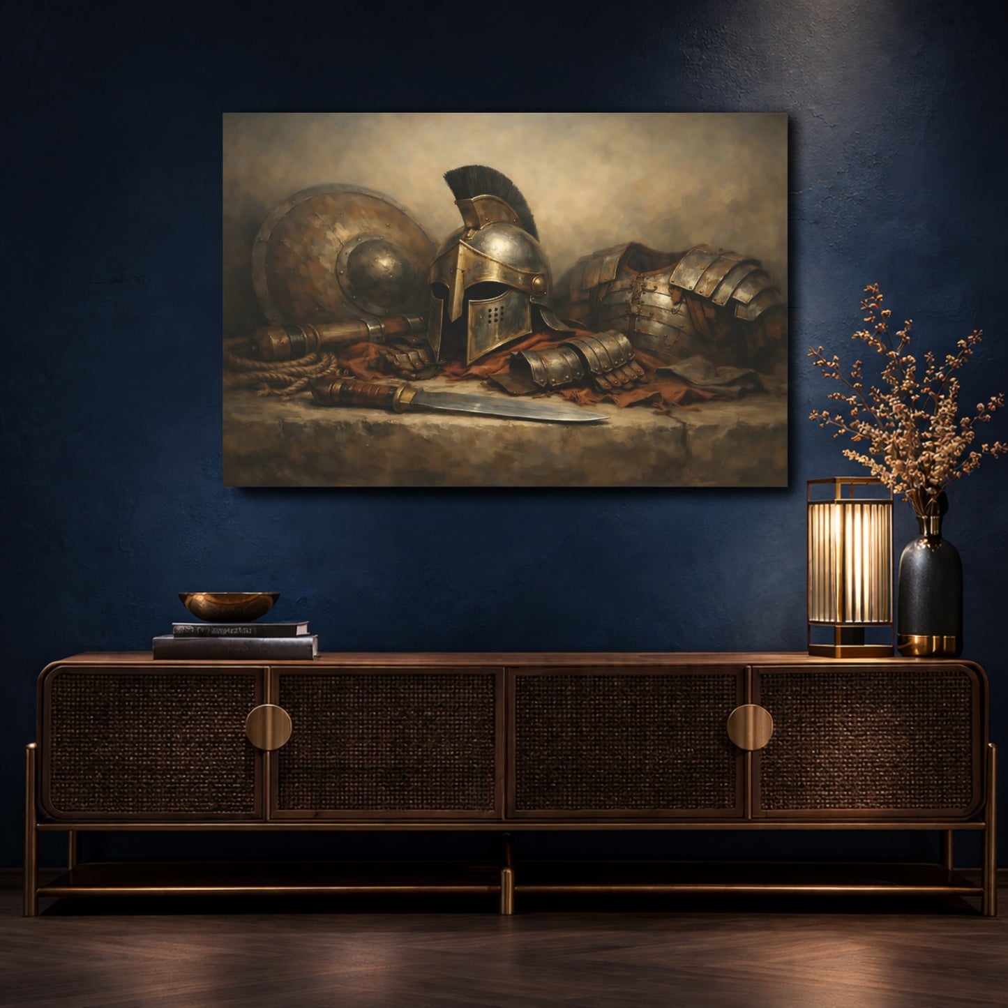 Mockup 4. Vintage Warrior Armor Ancient Bronze Gold shown as stretched canvas wall art