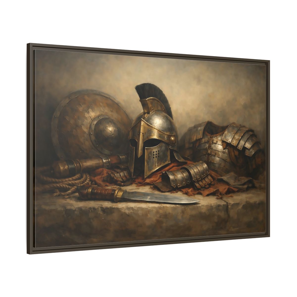 Main Mockup. Vintage Warrior Armor Bronze And Gold shown as stretched canvas wall art