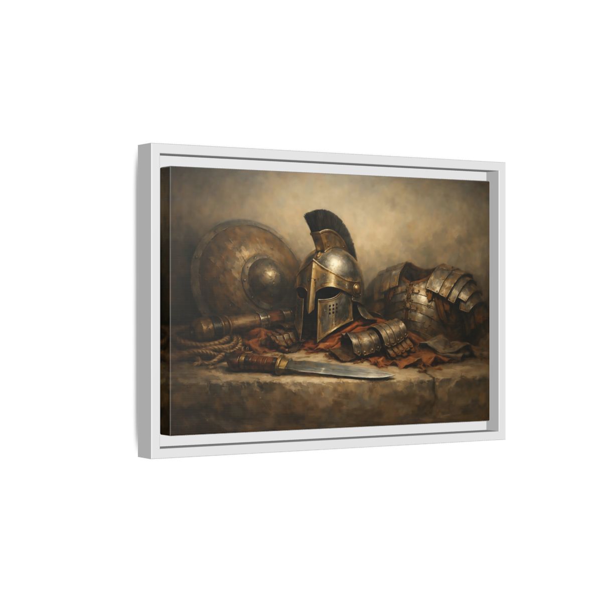 Side Mockup 4. Vintage Warrior Armor Bronze And Gold shown as stretched canvas wall art