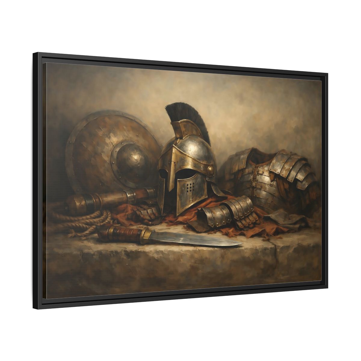 Side Mockup 13. Vintage Warrior Armor Bronze And Gold shown as stretched canvas wall art