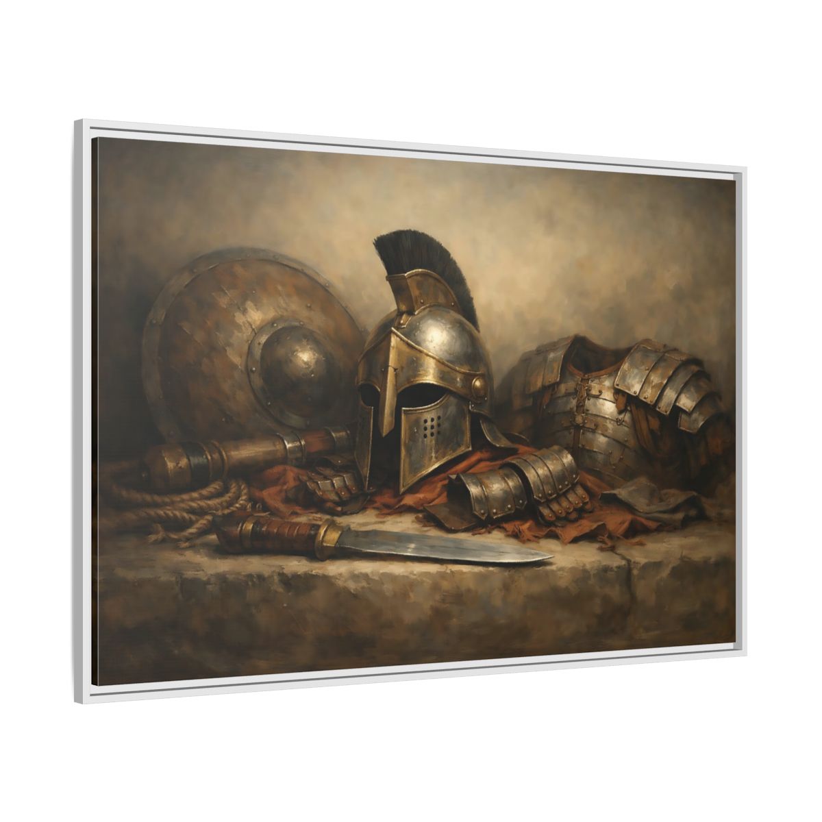 Side Mockup 7. Vintage Warrior Armor Bronze And Gold shown as stretched canvas wall art