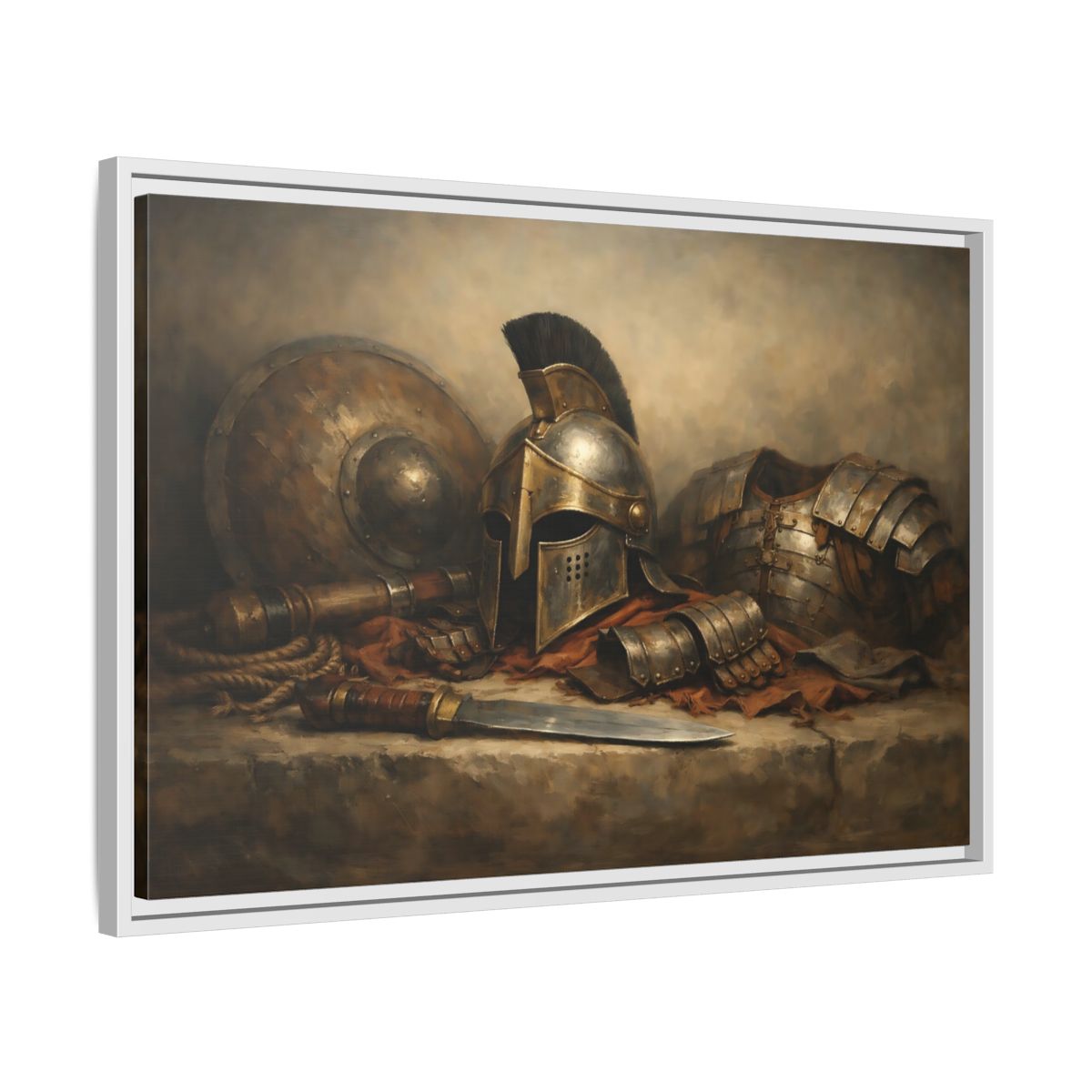 Side Mockup 10. Vintage Warrior Armor Bronze And Gold shown as stretched canvas wall art