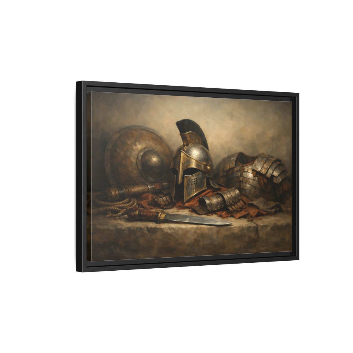 Side Mockup 3. Vintage Warrior Armor Bronze And Gold shown as stretched canvas wall art