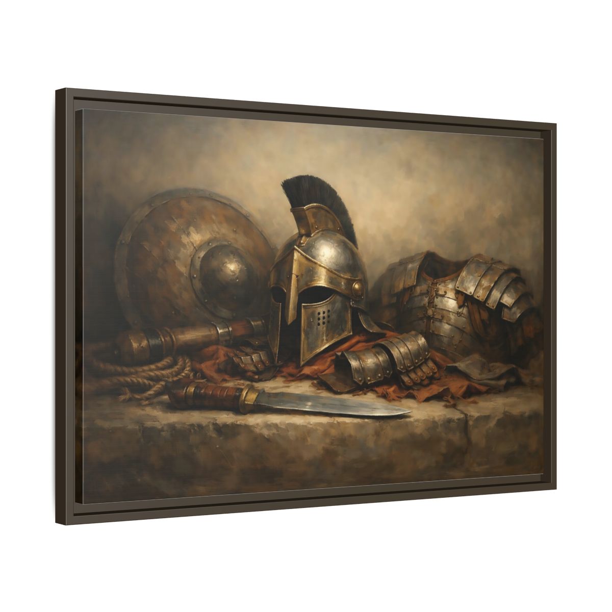 Side Mockup 11. Vintage Warrior Armor Bronze And Gold shown as stretched canvas wall art