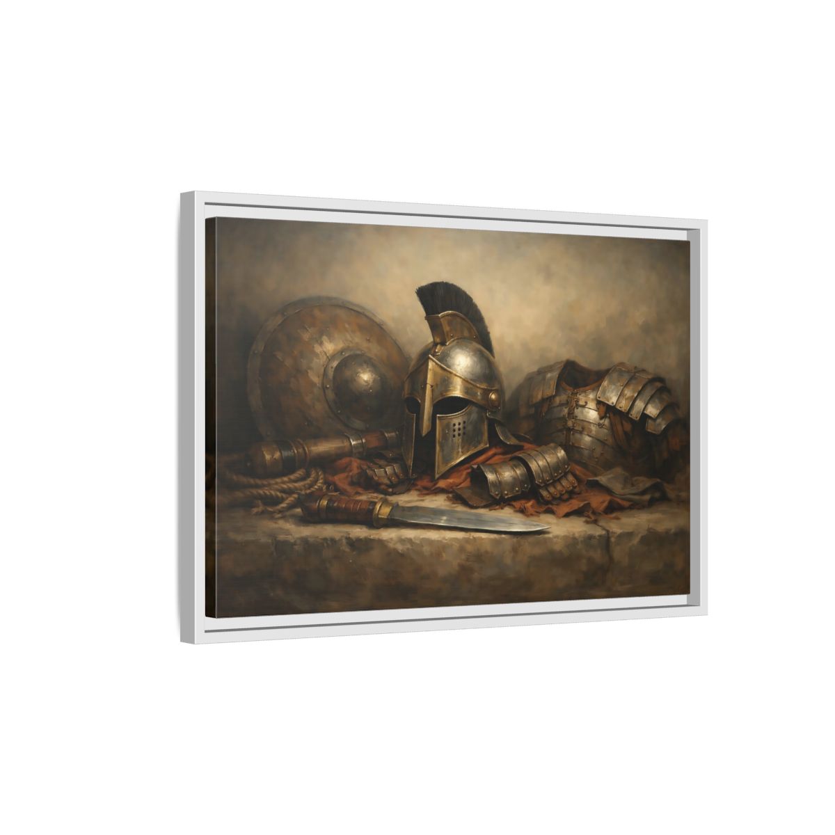 Side Mockup 1. Vintage Warrior Armor Bronze And Gold shown as stretched canvas wall art