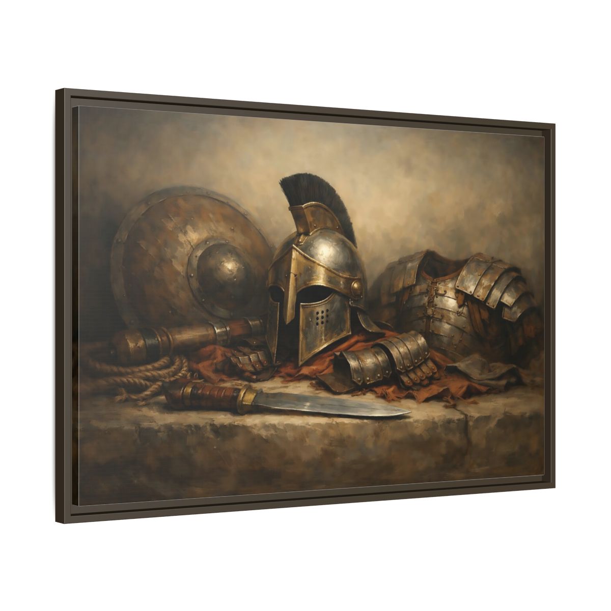 Side Mockup 9. Vintage Warrior Armor Bronze And Gold shown as stretched canvas wall art