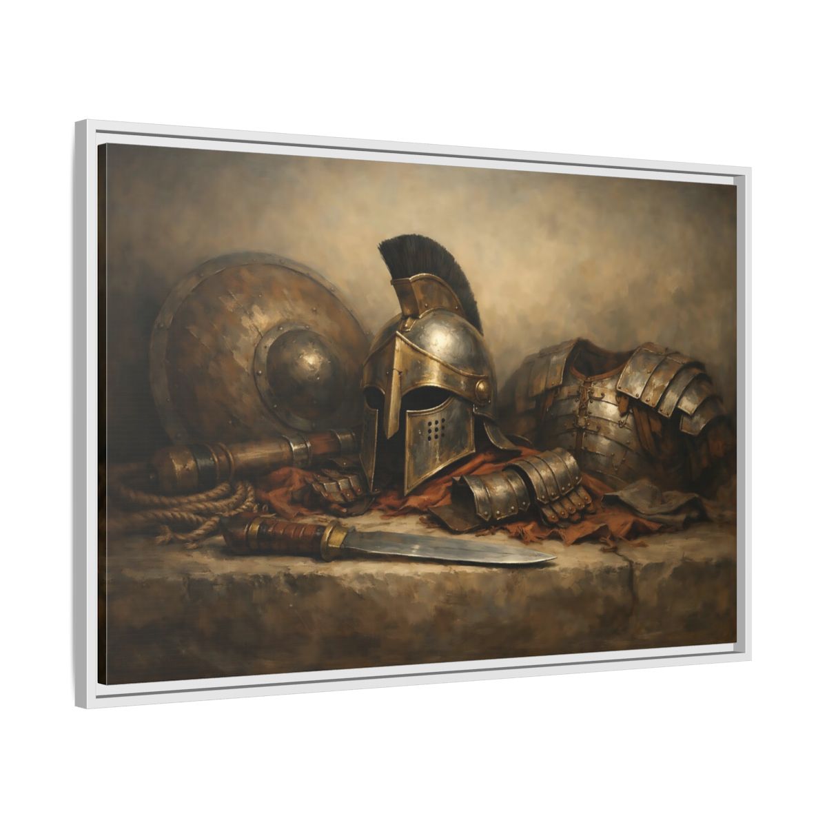 Side Mockup 8. Vintage Warrior Armor Bronze And Gold shown as stretched canvas wall art