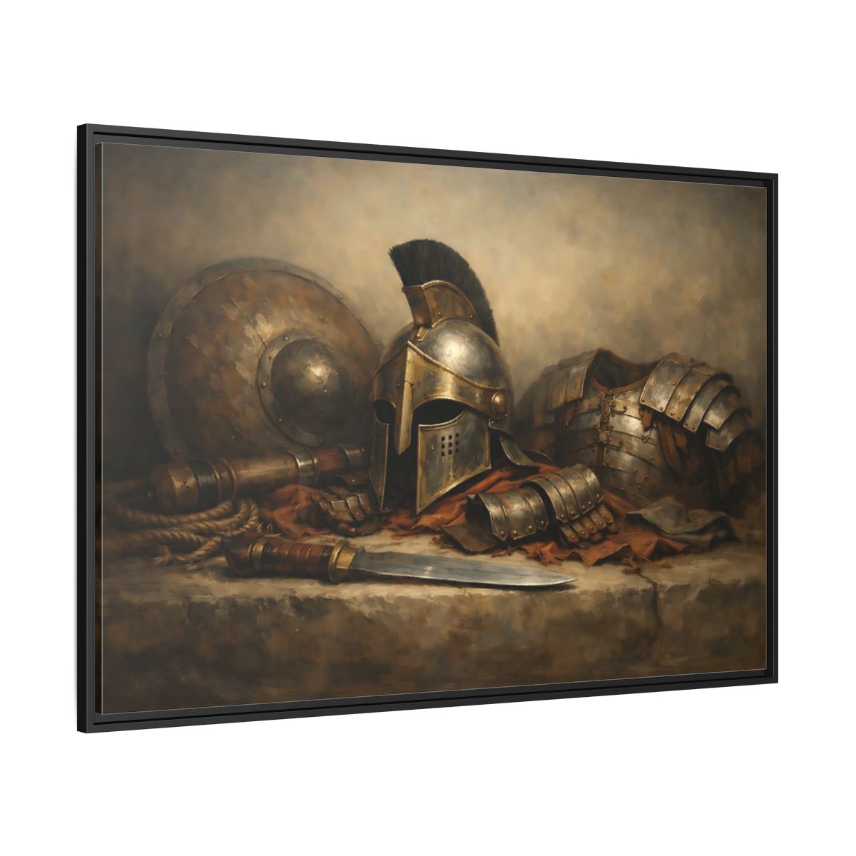 Side Mockup 12. Vintage Warrior Armor Bronze And Gold shown as stretched canvas wall art