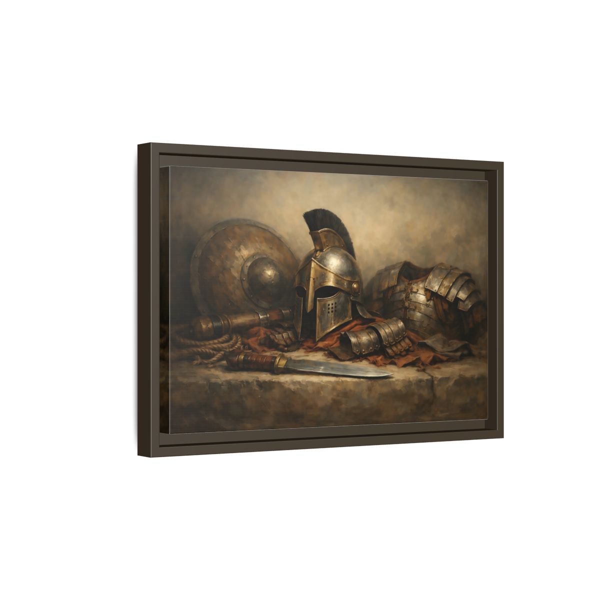 Side Mockup 5. Vintage Warrior Armor Bronze And Gold shown as stretched canvas wall art