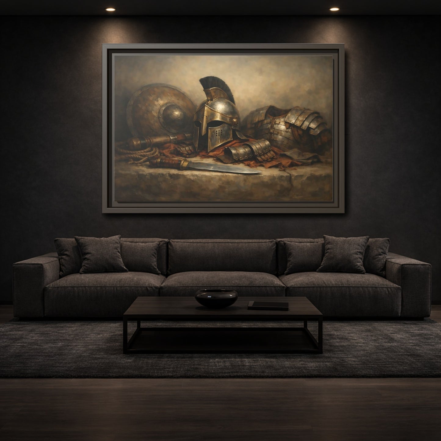 Mockup 2. Vintage Warrior Armor Bronze And Gold shown as stretched canvas wall art