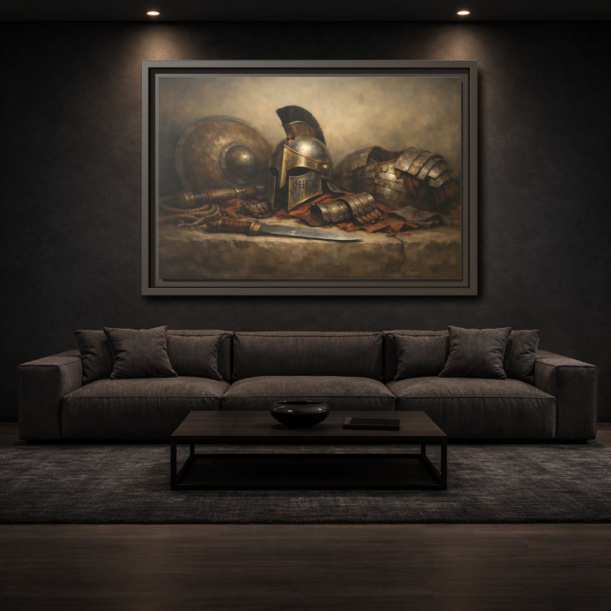 Mockup 2. Vintage Warrior Armor Bronze And Gold shown as stretched canvas wall art