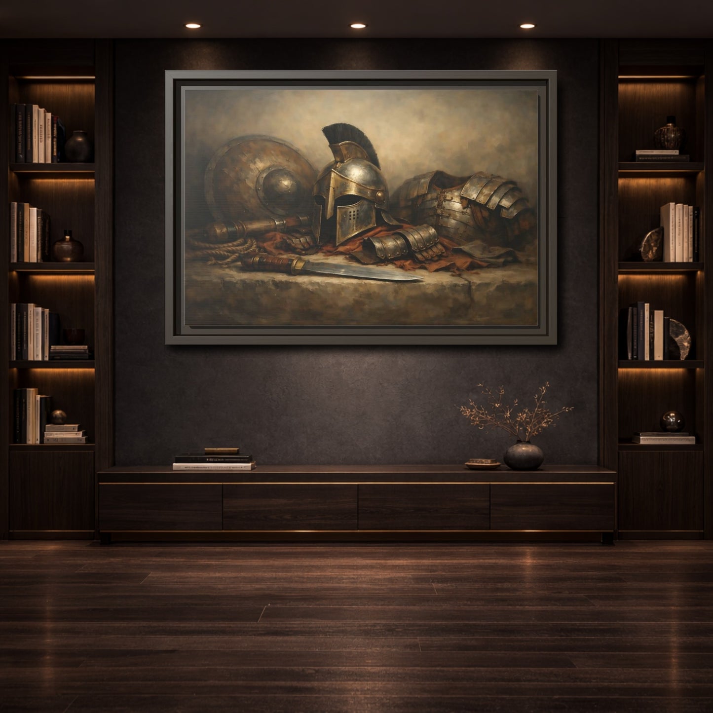 Mockup 3. Vintage Warrior Armor Bronze And Gold shown as stretched canvas wall art