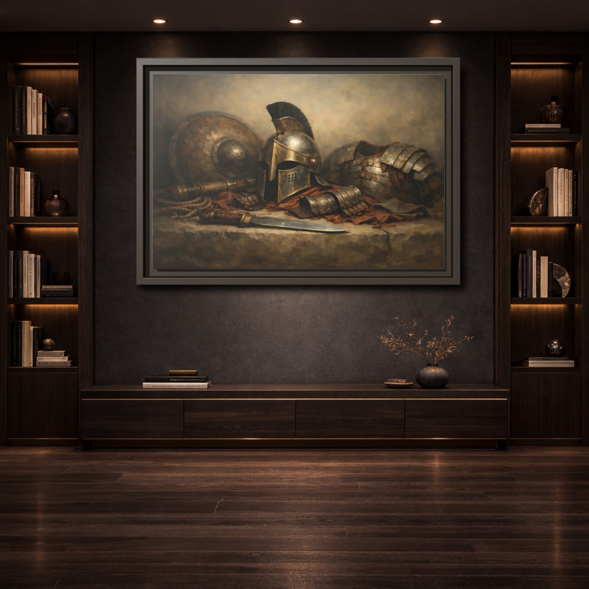 Mockup 3. Vintage Warrior Armor Bronze And Gold shown as stretched canvas wall art