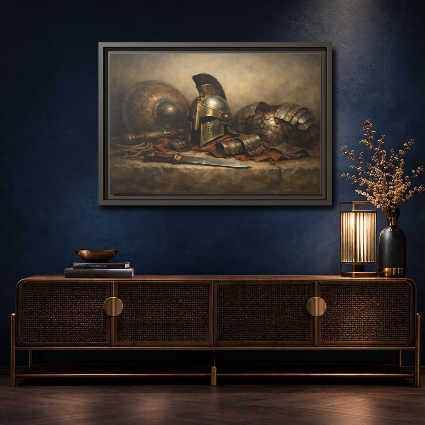 Mockup 4. Vintage Warrior Armor Bronze And Gold shown as stretched canvas wall art