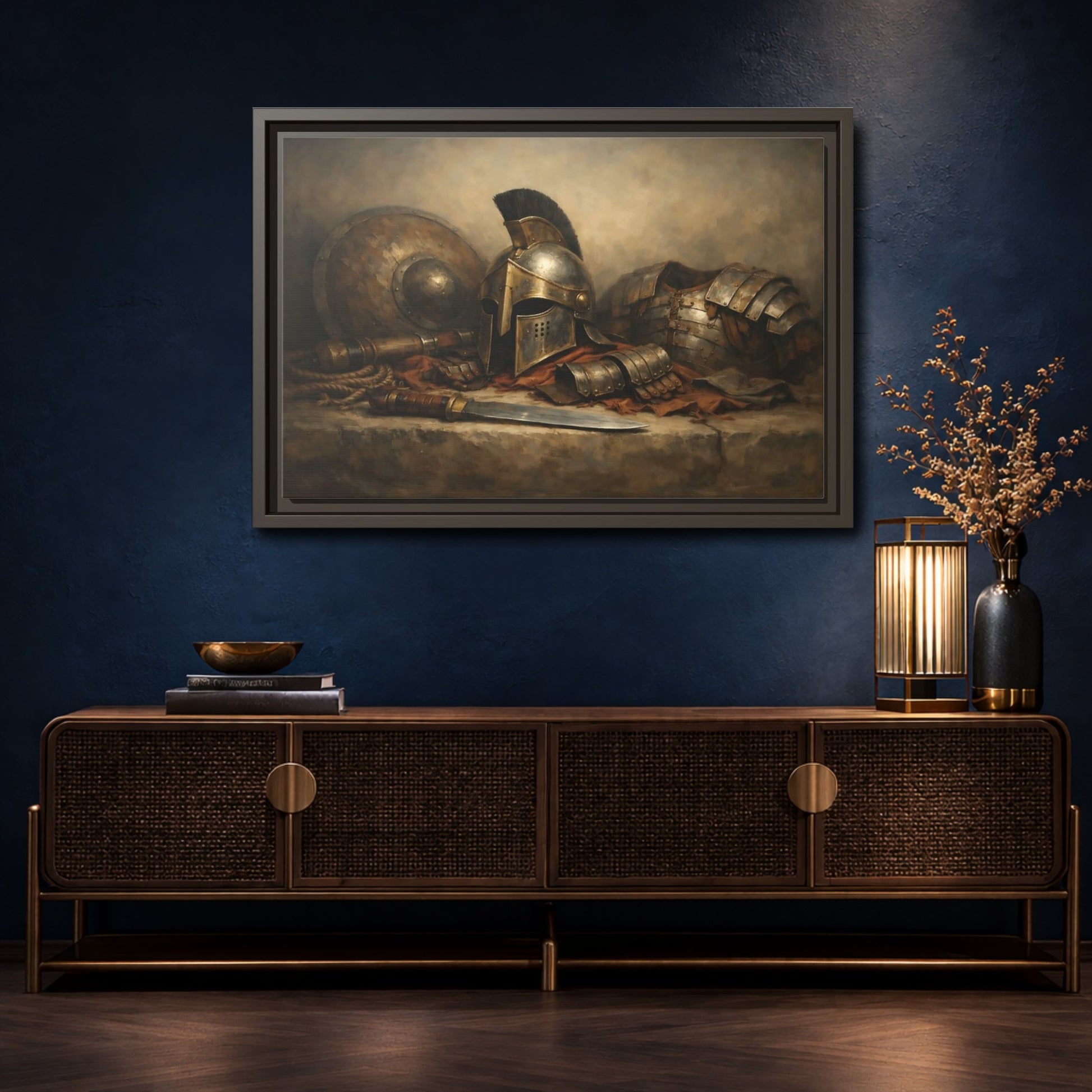Mockup 4. Vintage Warrior Armor Bronze And Gold shown as stretched canvas wall art