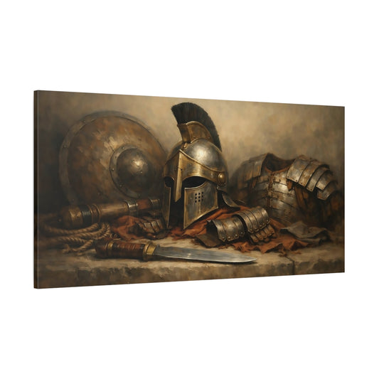 Main Mockup. Vintage Warrior Armor Bronze Gold Metal shown as stretched canvas wall art