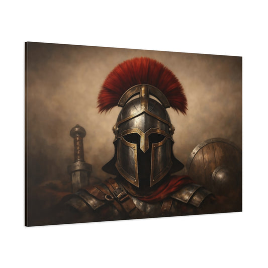 Vintage Warrior Helmet Bronze And Red Warrior shown as stretched canvas wall art