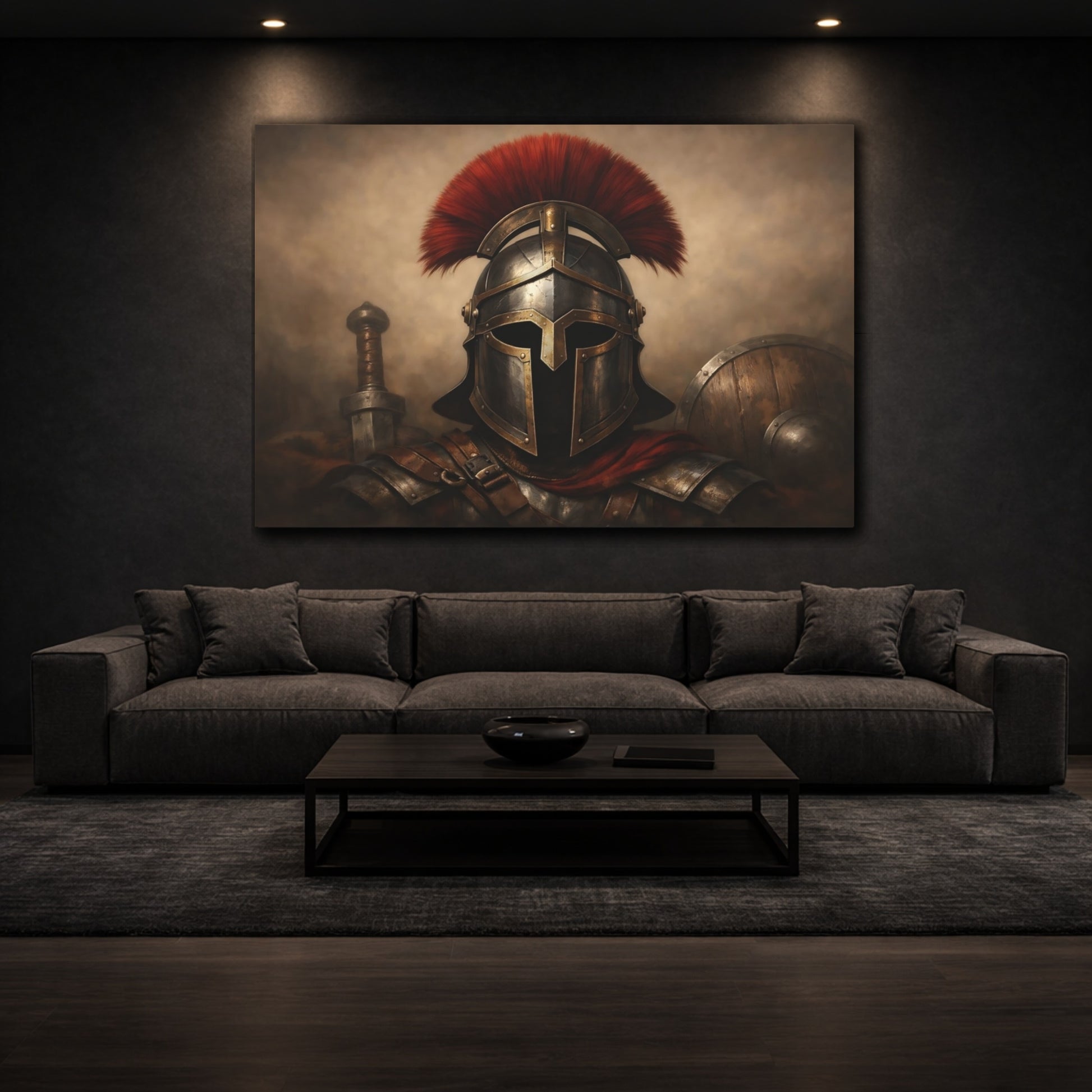 Vintage Warrior Helmet Bronze And Red Warrior shown as front canvas room wall art