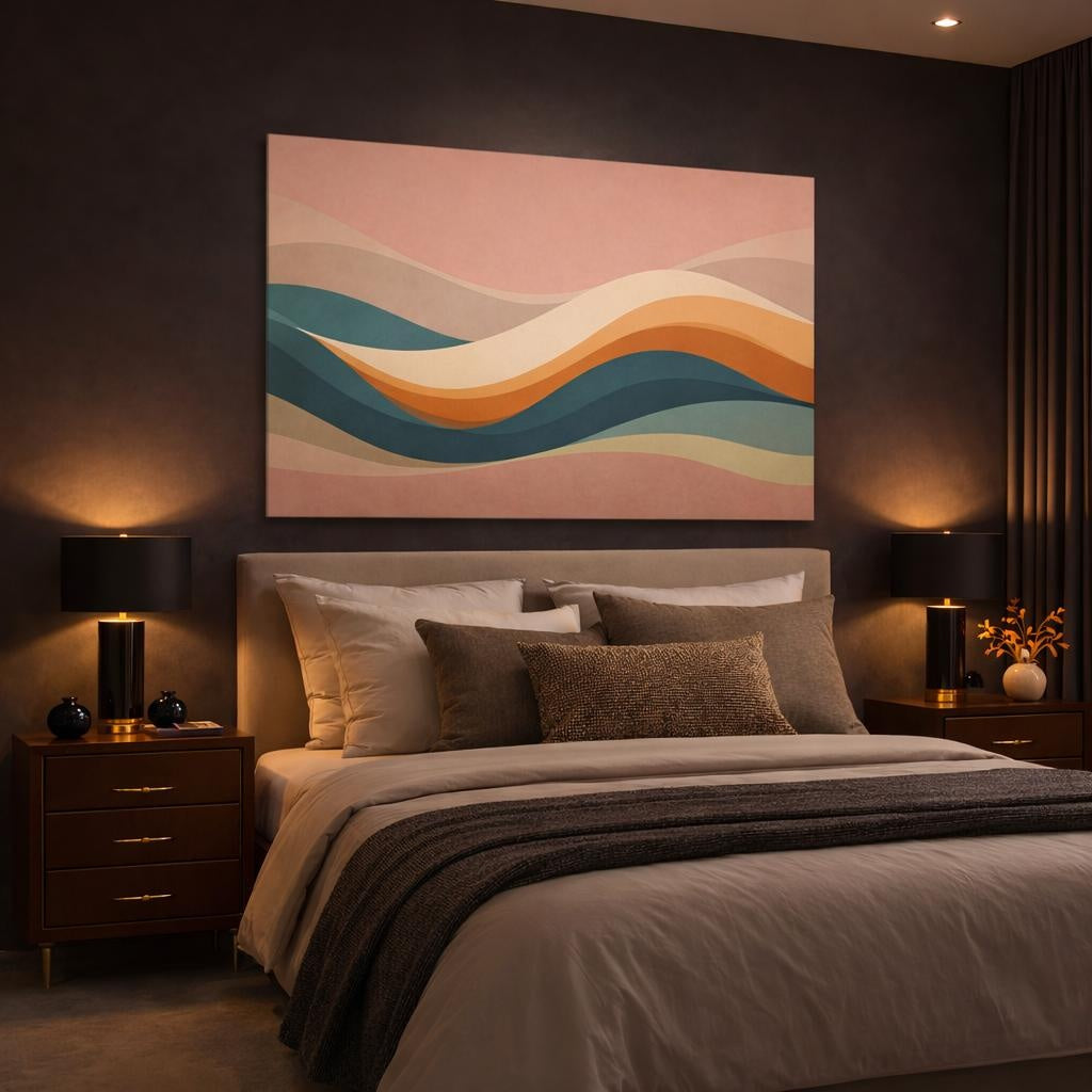 Vintage Wave Abstract shown as canvas wall art in a luxury bedroom