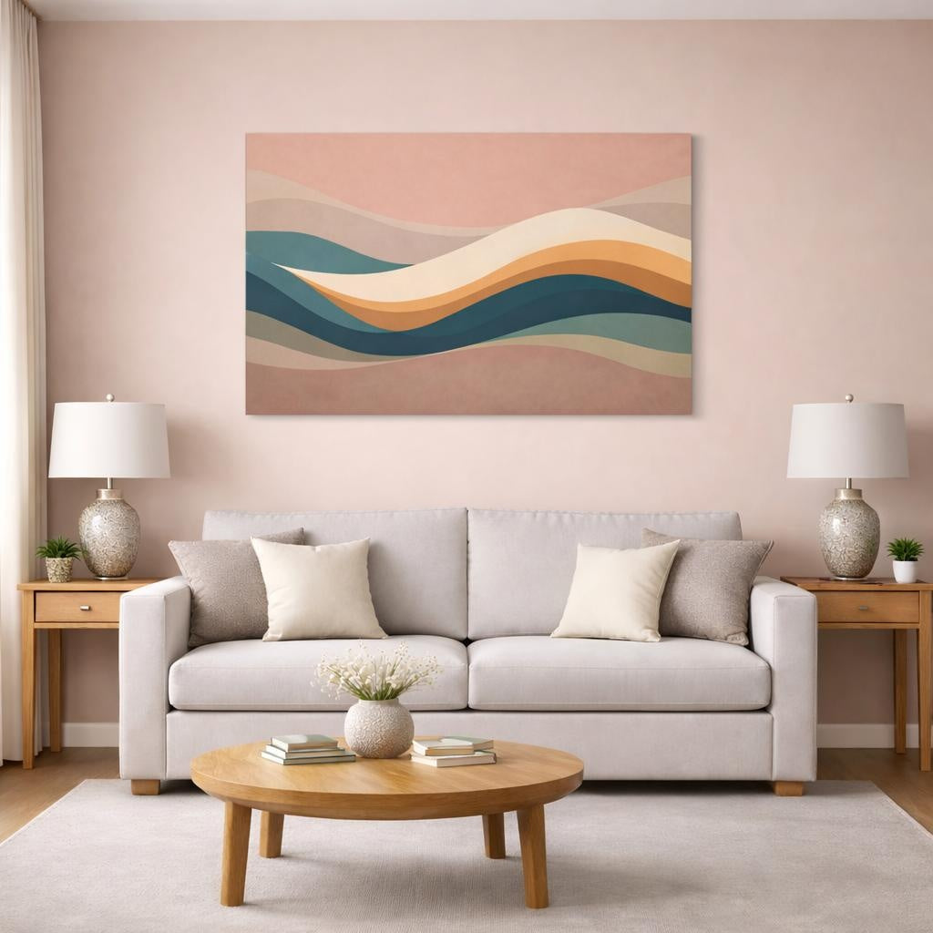 Vintage Wave Abstract shown as canvas wall art in a modern living room