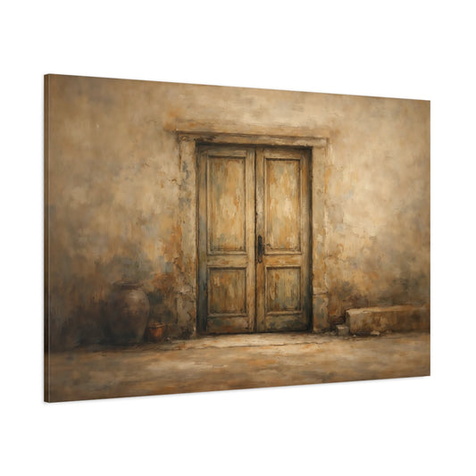 Main Mockup. Vintage Weathered Door Brown And Beige shown as stretched canvas wall art