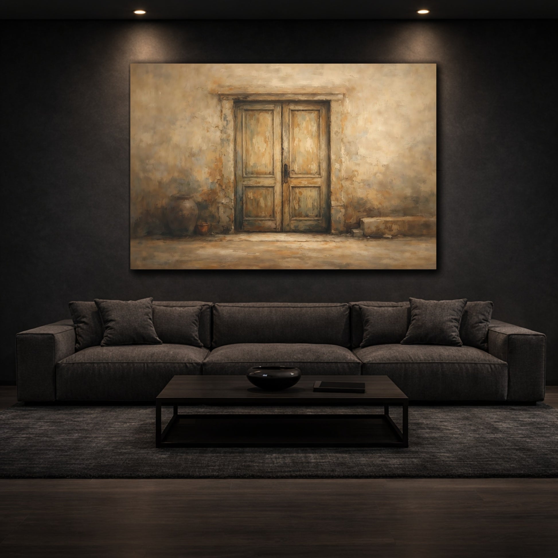Mockup 2. Vintage Weathered Door Brown And Beige shown as stretched canvas wall art