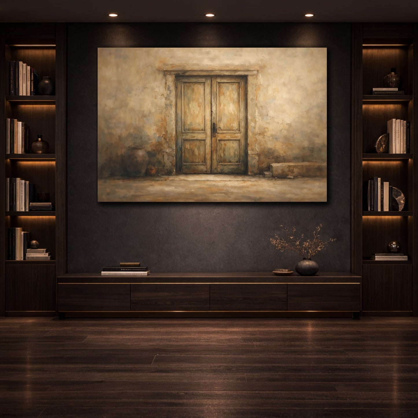 Mockup 3. Vintage Weathered Door Brown And Beige shown as stretched canvas wall art